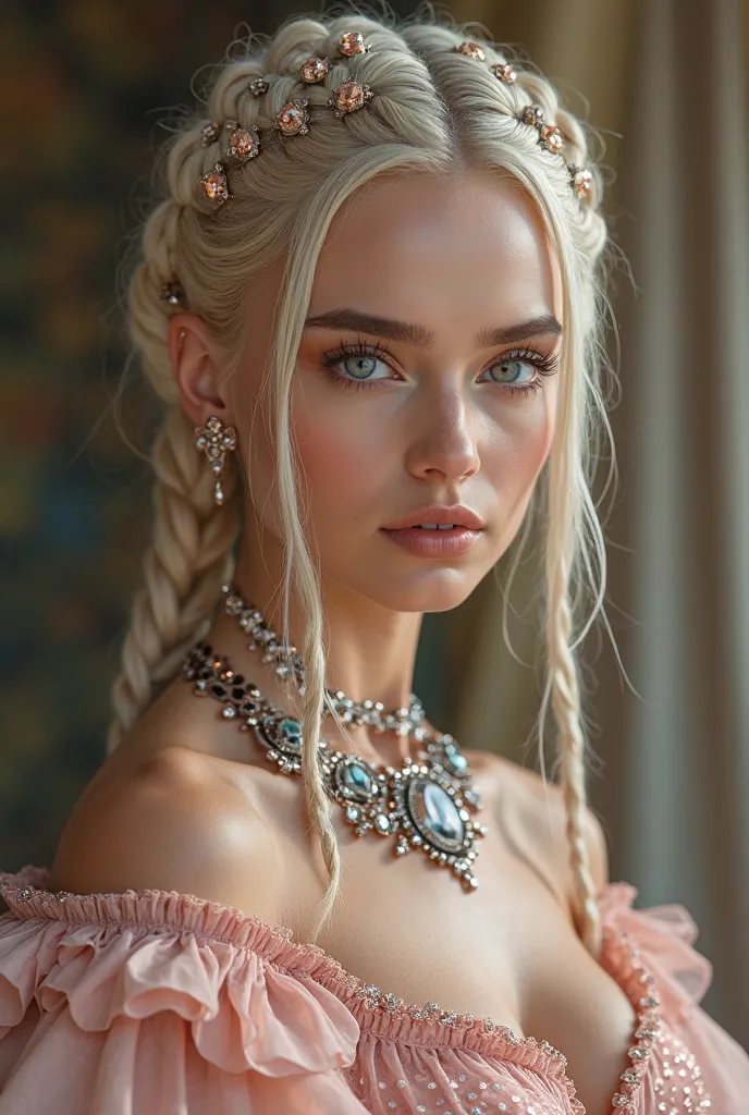 Hyperrealism 1;2), slim women light blonde platinum blonde hair with eye-catching grid braid hairstyle with hair accessories. Ultra high definition, 8k, perfect eyes, highly detailed beautiful expressive eyes, detailed eyes, 90mm photograph, bokeh, profess...