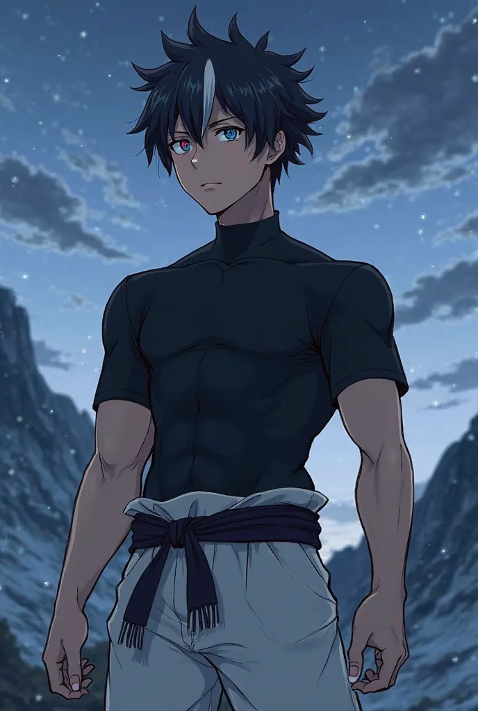 Generate a male anime character. The boy must be tall, handsome and with a very trained physique, very muscular and corpulent. Her hair is black, with white highlights at the end of your locks, your right eye has a pinkish red color while your left eye is ...