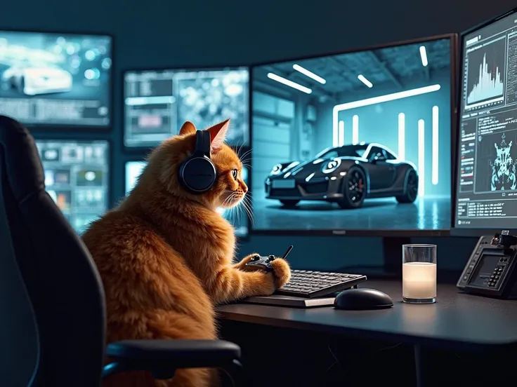 "A chubby orange cat sitting at a high-tech black control desk, wearing sleek black headphones and holding a drone remote control with both paws. The cat’s eyes are intensely focused on a large central computer screen displaying a sleek black sports car pa...