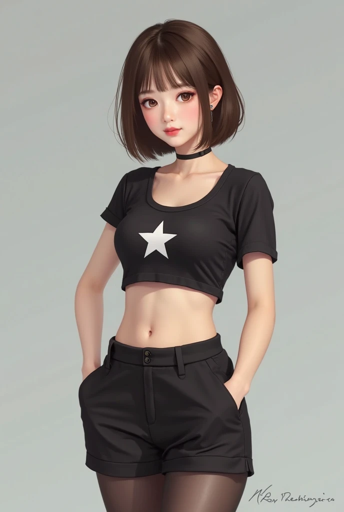 Generate an image of a Korean woman with short brown hair the size of her neck, black cropped with a white star in the middle, a pair of black shorts and a pair of black tights. realistic and full body