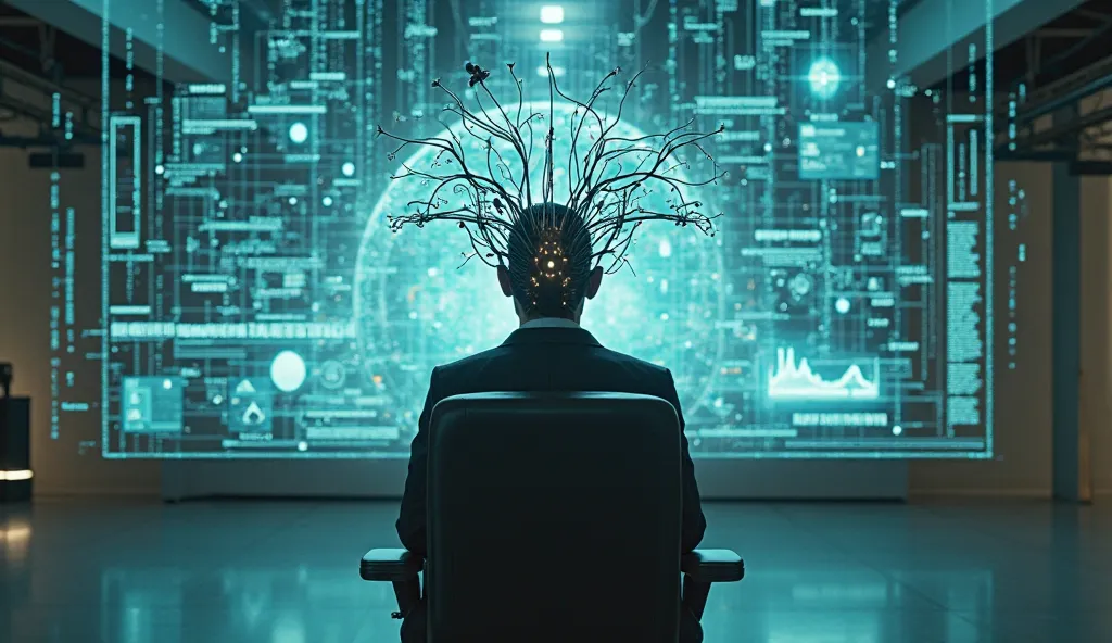 a person sitting in a high-tech chair with wires connecting their brain to a holographic computer screen, cinematic style, inspired by The Matrix, ultra-detailed, 4K resolution.