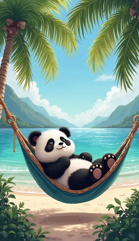 An adorable fluffy panda relaxing in a hammock on a tropical beach. It has a cute, content expression on its face, surrounded by palm trees. In the background, there is a blue ocean and mountains.