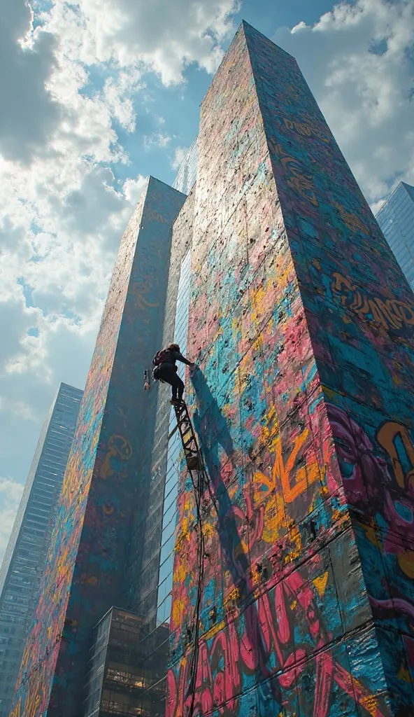 A graffiti artist uses climbing equipment to paint the wall of a huge building. Several people stand below, amazed by his work.  Epic Masterpiece, Best quality, offcial art, Extremely detailed CG unified 8K wallpaper, (hdr:1.4), (Cinematic), best picture e...