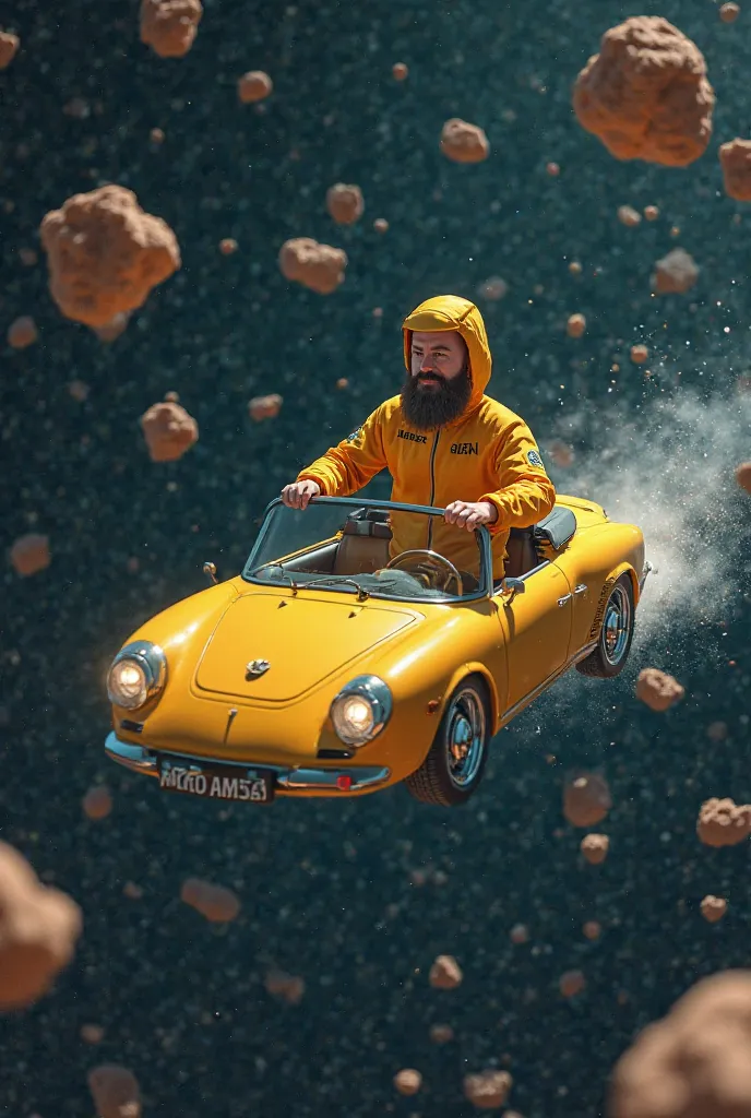 A bearded man in a yellow Yandex Food suit, flies through space in a, convertible and there are many asteroids flying nearby.