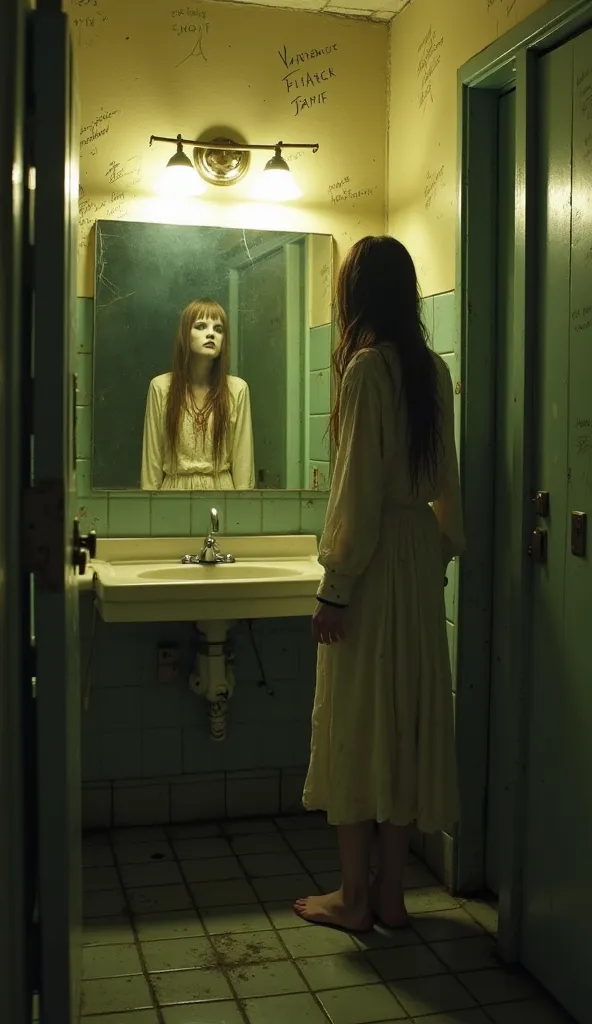 An abandoned school bathroom, with lights flickering dimly and the distant sound of water dripping on the cold tile. The mirror in front of the sink is fogged up, as if something is about to appear on the other side. In the center of the scene, a pale and ...