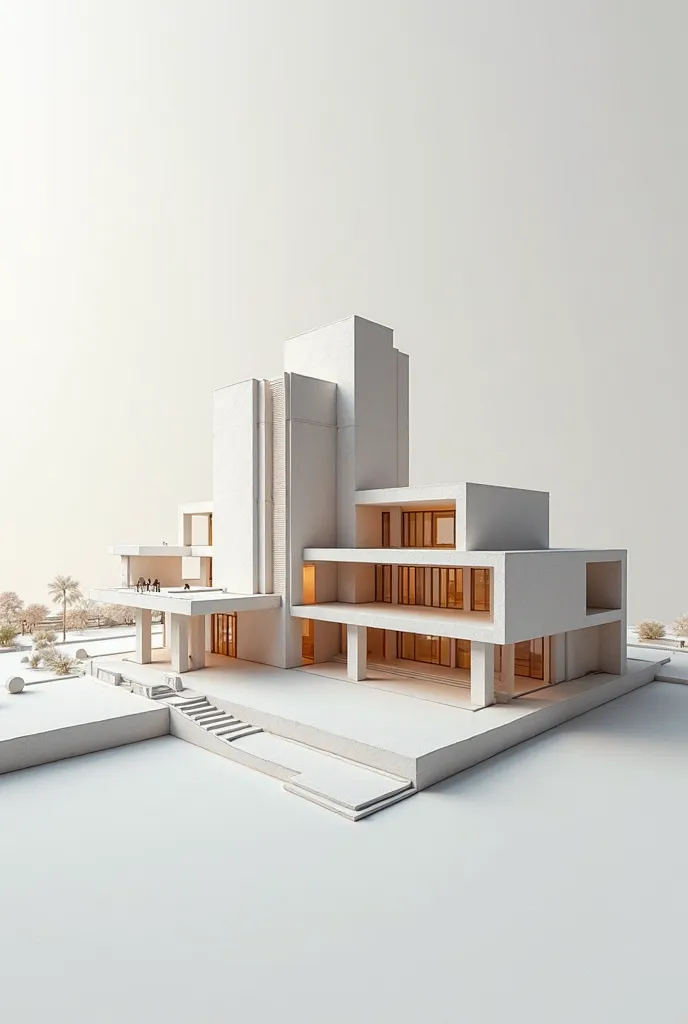 a model seen in perspective of an architectural proposal in the style of deconstructivist architecture for an institute specialized in fabric engineering, on a rectangular terrain juyefa with straight shapes the project should not be so tall
