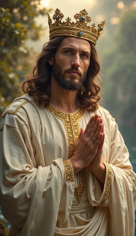 Mão perfeita 5 dedos, Portrait of a handsome Jesus Cristo wearing the king clothes with crown of king floating the toe in the water, Jesus Cristo, olhos azuis de verdade, dia ensolarado, detalhes intrincados.real Jesus Cristo, cabeça reta rosto, .Prayer Je...