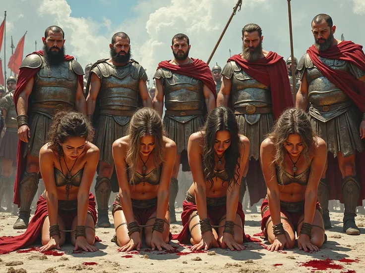 four female Barbarian warriors, defeated and broken, are shown kneeling before a group of Roman generals. Their hands are tightly tied and their heads are bowed in exhaustion and pain. Blood stains their bodies from the wounds they suffered in battle. The ...