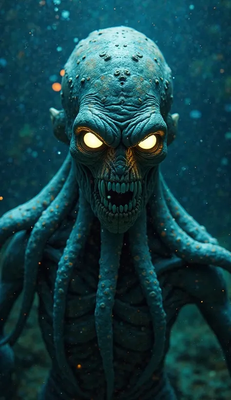 "A creepy sea creature at the bottom of the deep ocean. The creature has a body similar to that of an octopus, with long, flexible tentacles. Its skin is viscous and has bioluminescent patterns that glow in the dark. The face is humanoid and creepy,  with ...