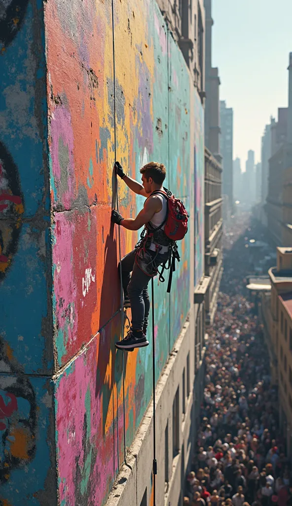 A graffiti artist uses climbing equipment to paint the wall of a building. Several people stand below, amazed by his work.  Epic Masterpiece, Best quality, offcial art, Extremely detailed CG unified 8K wallpaper, (hdr:1.4), (Cinematic), best picture ever. ...