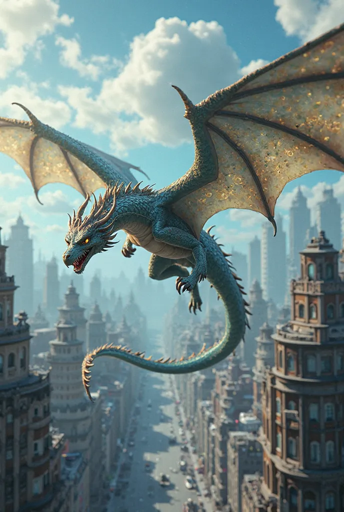 A dragon flying above buildings 