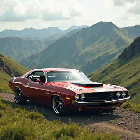 2020 Dodge Challenger with grassy mountains in the background 