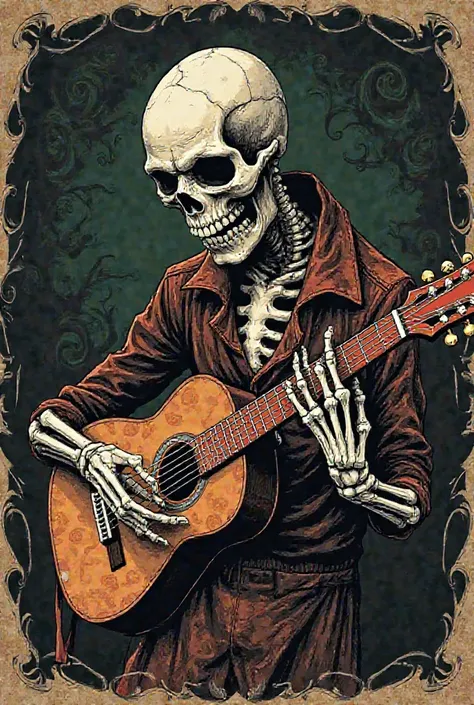 Logo of a grotesque skeleton playing the guitar in a style inspired by the works of Mexican José Guadalupe Posada 