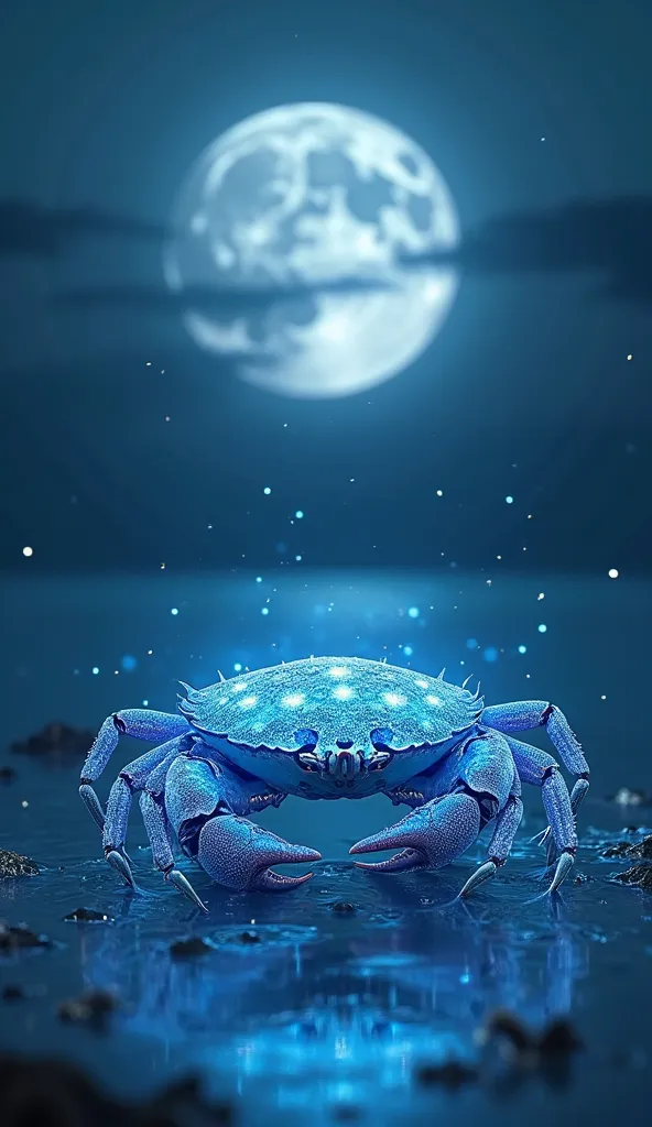 "A glowing blue crab emerging from a tranquil ocean, its shell reflecting the light of a full moon, symbolizing deep emotions and intuition, with waves gently shimmering around it."
