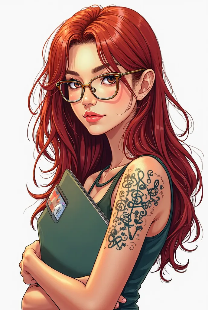 Manga cartoon of a woman with long, straight dark red hair, with gold-grade glasses squared with a drawing folder, sideways, with a tattoo on the shoulder of musical symbols.  on white background