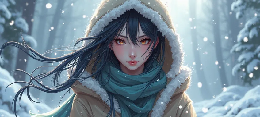 Create logo, a words Adrian Libratar, snow ice, a woman girl with hood character anime, animation, aggressive