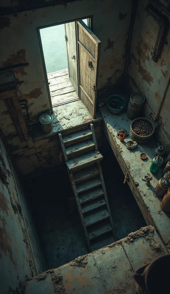 ((((aerial view)))) in a kitchen (above a trapdoor) of a rotten wooden staircase ((descending)) to a dark room