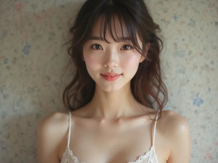 (best quality:1.5), (masterpiece:1.5), very detailed, high resolution, 8k, cute Japanese woman, cute 24 year old beauty, slim body, (slightly saggy busty breasts), thin lips, detailed face, Beautiful and elegant face, cute face, natural bangs, arched eyebr...