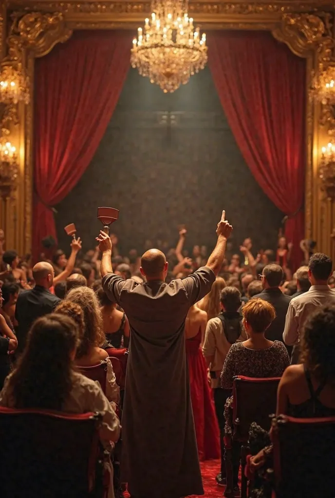 POV on center stage in an ornate theatre looking straight out at an audience of wealthy socialites in evening wear staring back at the viewer intently. Some raise auction paddles in their hands as if they are biding.