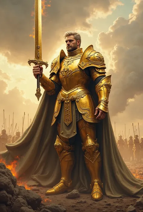 A soldier with a full gold armor including helmet and sword