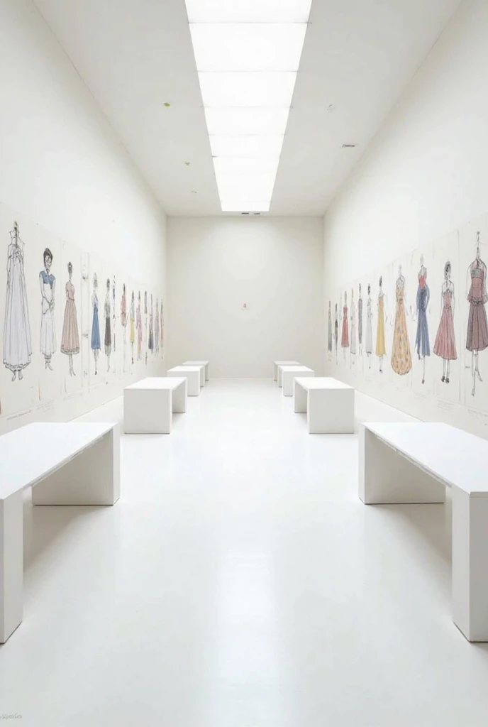 A long all-white hall, with two white tables on the sides, white lighting, minimalist style, Minimalism, high ceiling, impressionist painting on the walls, hundreds of sketches of various dresses and clothing designs on the walls 