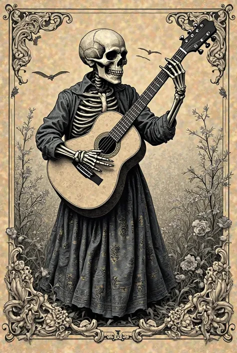 Logo of a grotesque skeleton playing the guitar, with non-realistic art, It must be inspired by the works of the Mexican José Guadalupe Posada, simulating an engraved artistic style 