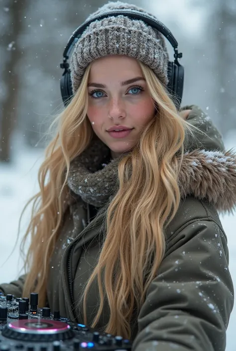   beautiful girl with long blonde hair, detailed eyes, nose, and lips, She's handling a DJ controller、walking in the snow, Women that look like Alisha Leman, Realistic, (High quality lines,4K,8k,High resolution,masterpiece:1.2), very detailed,(Realistic,ph...