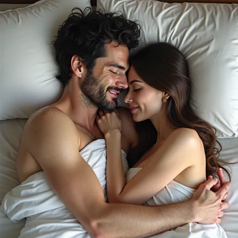 (Photorealism :1.2), creates hyperrealistic image of a man with black hair and carefree hairstyle with a well-groomed beard, is lying on a bed covered with white sheets, next to him a woman with dark brown hair rests her cheek on his chest and he embraces ...