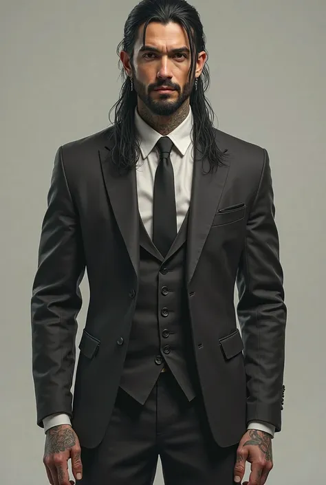 Generate the image of a man in black dress clothes, Long black tied hair, a small beard , body with tattoos and small earrings. realistic and full body