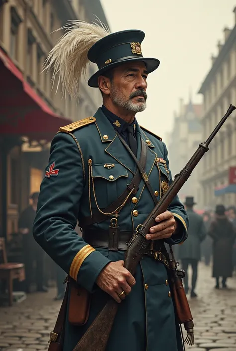 Hungarian gendarme in the style of the 1920s, should be a crane's feathered hat, his rifle, 's uniform, tools 