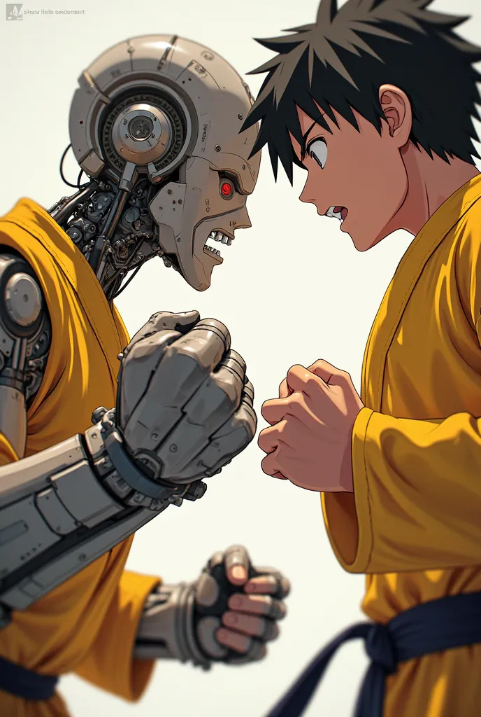 close up shot of two character hands punching, two arms, one has robotic arm wearing yellow karate suit, cartoon style, anime, other character is normal, close up shot