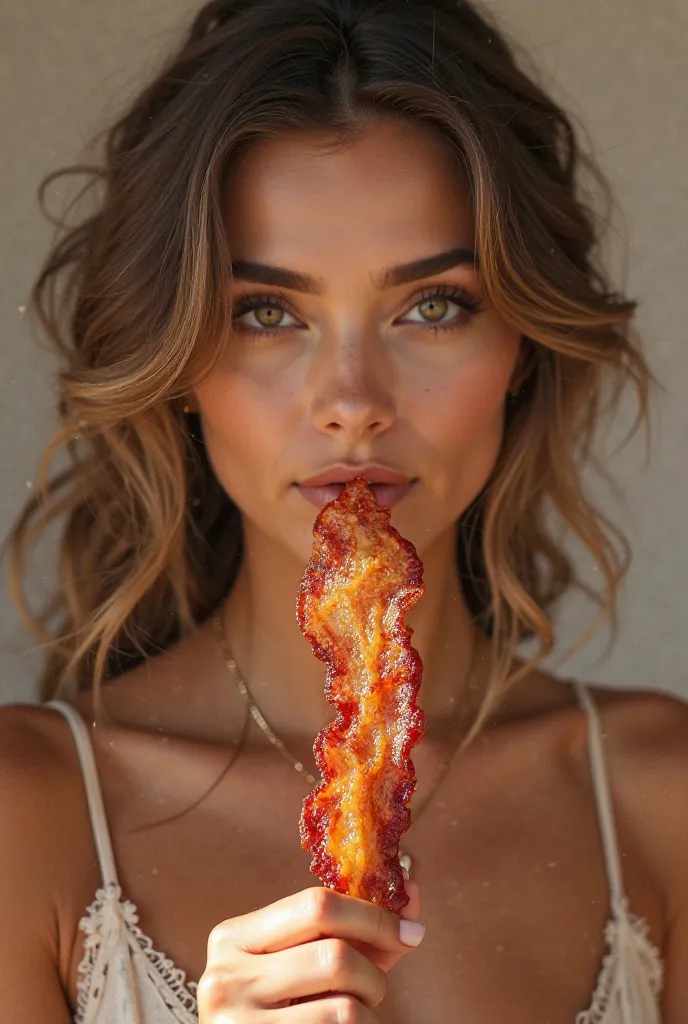 Model promoting a bacon snack with the woman in the last photo