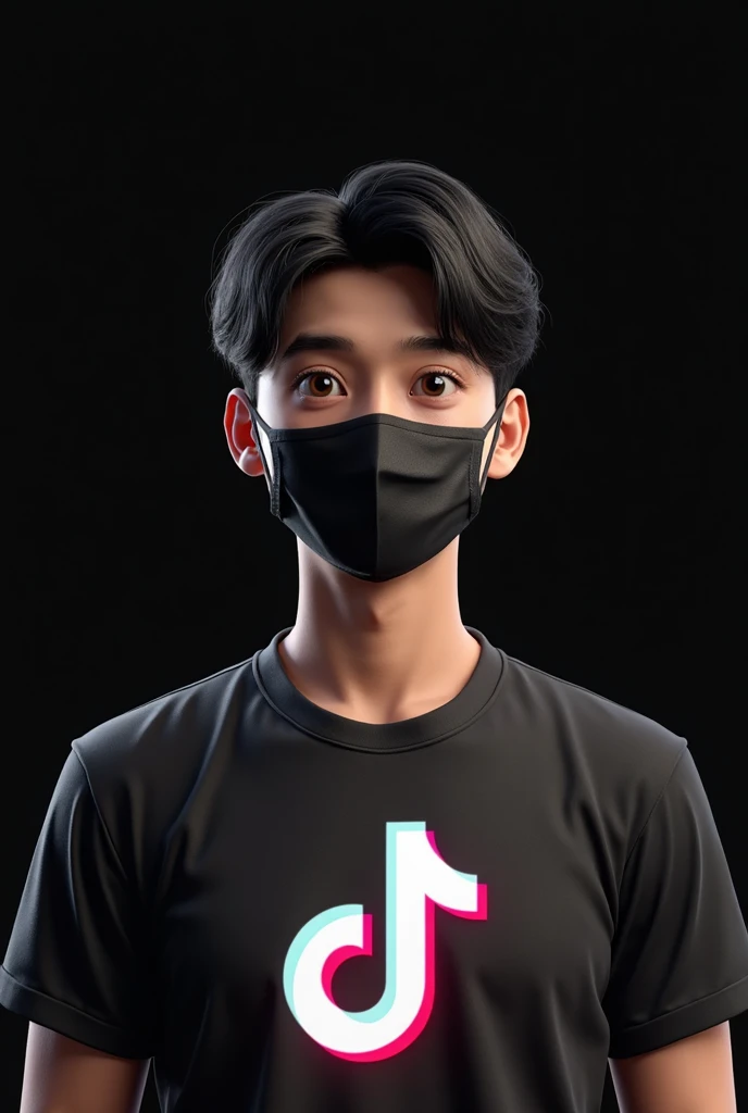 3D logo, attractive young man with a hidden face,   black hair, wearing a square shirt and a T-shirt with a bright TikTok logo, under the text ",?????" Indonesian text with perfect spelling,  very realistic and black background
