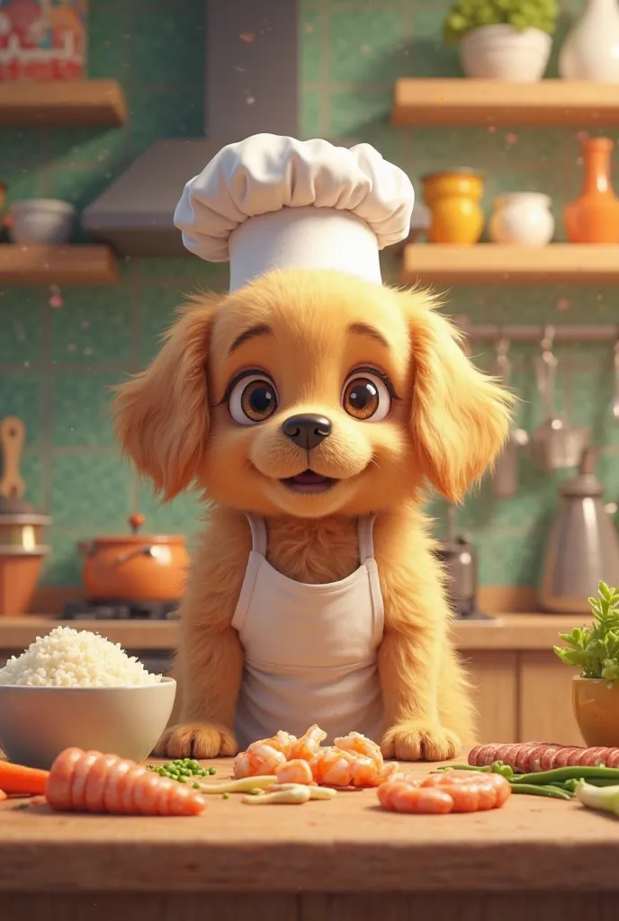 "A cute golden-furred dog with big sparkling eyes, wearing a small chef hat and apron, standing in a bright, colorful kitchen. The dog happily arranges ingredients on the counter: a bowl of cold rice, peeled shrimp, Chinese sausage, eggs, peas, carrots, gr...