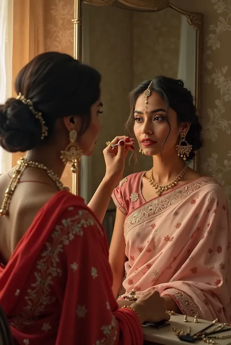 Shama, dressed in a beautiful red saree with intricate silver work, carefully applies a subtle layer of makeup to Nirmala, who is seated before a large vanity mirror. Nirmala’s beauty is radiant, her skin glowing, and her dark eyes sparkling with anticipat...