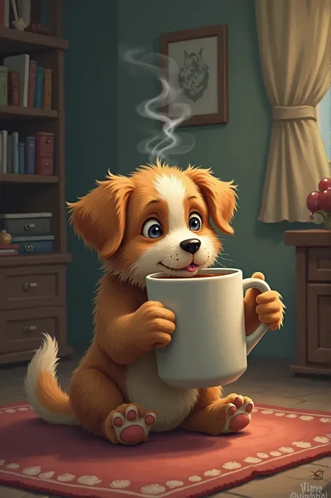 A dog drink a large cup of tea