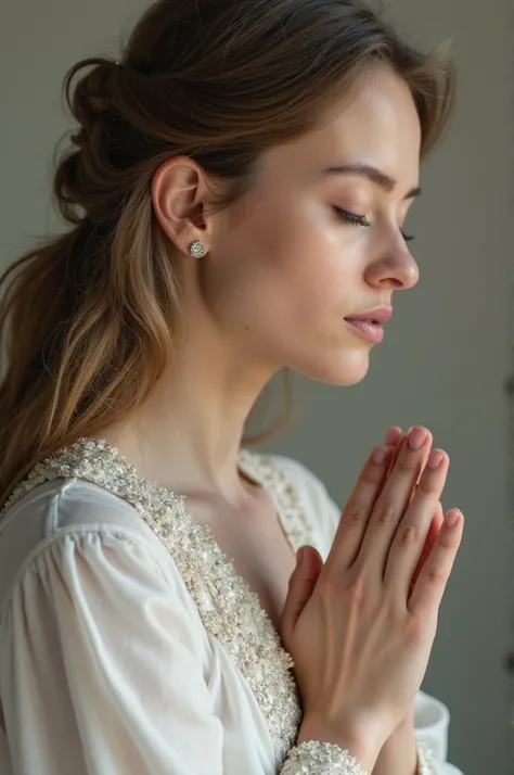 Close-up and in profile beautiful Caucasian woman praying to God, with both hands together eyes closed head slightly tilted forward in reverence . Beautiful white blouse with details 