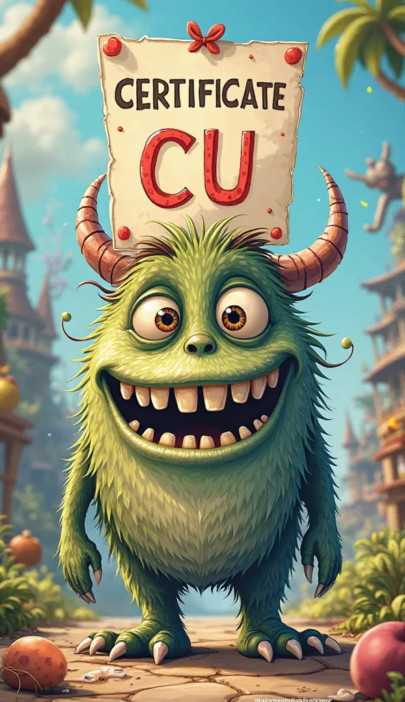 Draw a fun and peculiar monster,  with a friendly appearance , that has a large piece of paper glued to its forehead. no paper, it is written 'CERTIFICATE CU' in large and colorful letters. The monster must have unique characteristics,  with large and expr...