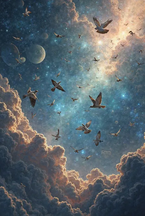 Many types of birds flying in space with planets 