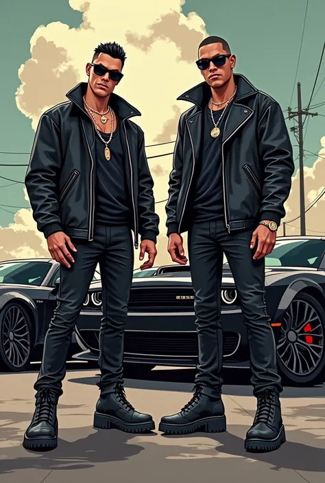 Gangstas dressed in black with a jeep trackhawk car and a black Dodge Challenger SRT in the background in cartoon format