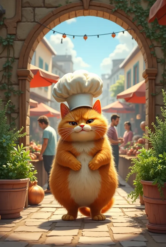 Market entrance:  A fat and fluffy orange cat , wearing a large white chef's hat Before arriving at the meat, you may pass through the vegetable sector. Here, there is a wide variety of fresh herbs such as parsley, coriander and rosemary, that can be used ...