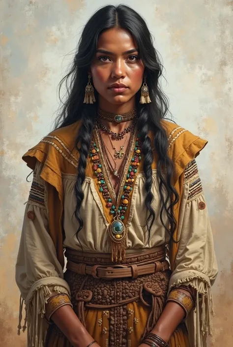 Beautiful indigenous American woman from the Apache tribe, full body, forehead, right 