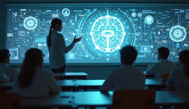 A futuristic classroom with students wearing sleek headbands, holographic screens floating in the air, a teacher explaining while a student ‘downloads’ knowledge into their brain, ultra-modern, cinematic, 4K resolution.