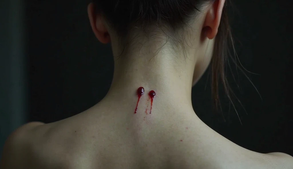 "A close-up view of a young woman's neck, showing two fresh vampire bite marks on the backside near the nape. The skin is pale and smooth, with two small puncture wounds that have a slight trickle of blood. The lighting is moody and dramatic, casting soft ...