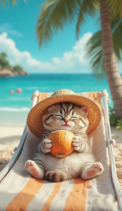  The kitten lying on a beach lounger, wearing a straw hat and drinking coconut water. The poster of the first scene is now the real landscape in the background. He smiles with his eyes closed, in peace.