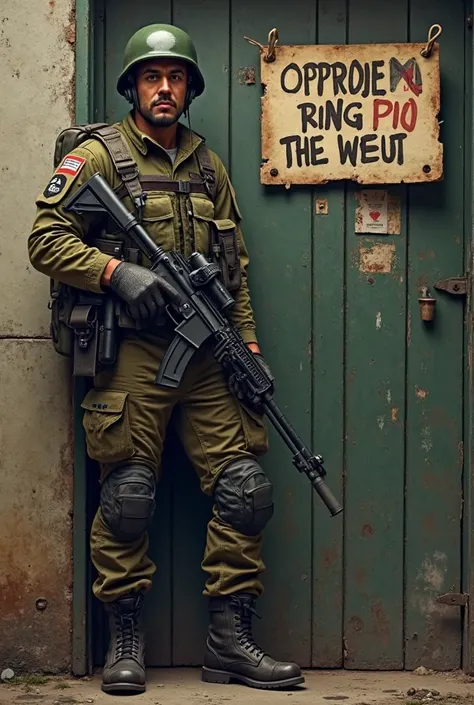 Make an image of a soldier with a gun and with a written sign: Open ring the bell written in Portuguese 