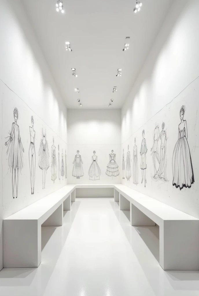 A long all-white hall, with two white tables on the sides, white lighting, minimalist style, Minimalism, high ceiling, impressionist painting on the walls, hundreds of paper sketches of various dresses and clothing designs are glued to the walls , there ar...