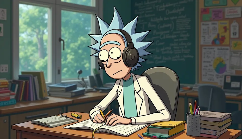 rick da serie rick and morty, with headphones sweating, and it shouldn't be realistic, must maintain the design pattern of the series,showing in a panoramic way Rick at his desk studying without expression , just focused on your studies and listening to mu...