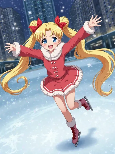 # USAGITSUKINO , long blond hair in two high ponytails with odangos, sky blue eyes, warm clothing, skating with arms outstretched and smiling on the Rockefeller Center ice rink, New York City background at night, at Christmas.  Anime style #SailorMoonCryst...