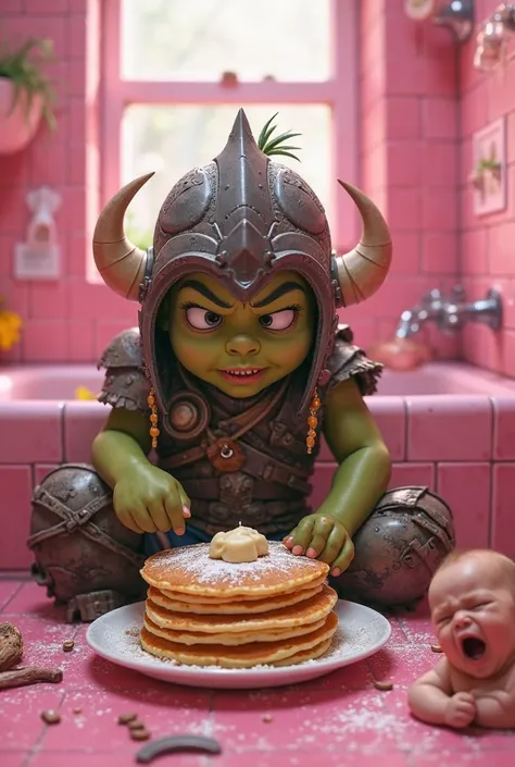 Lego Ork boy dressed as a warrior eats pancakes in a pink bathroom while a baby cries for them